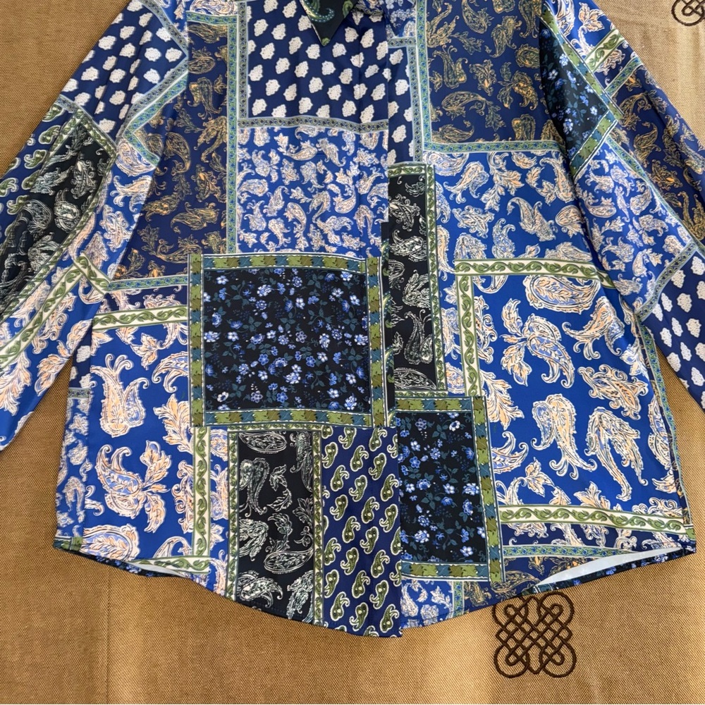 Zara Patchwork Print Satin Effect Long Sleeve But… - image 3